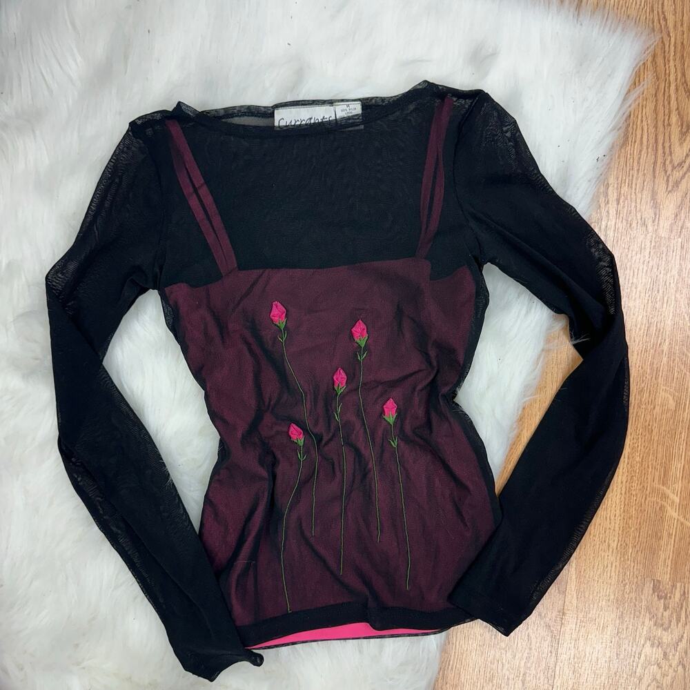 Vintage Currants Y2K Rose Embroidered Mesh Layered Top Romantic Goth